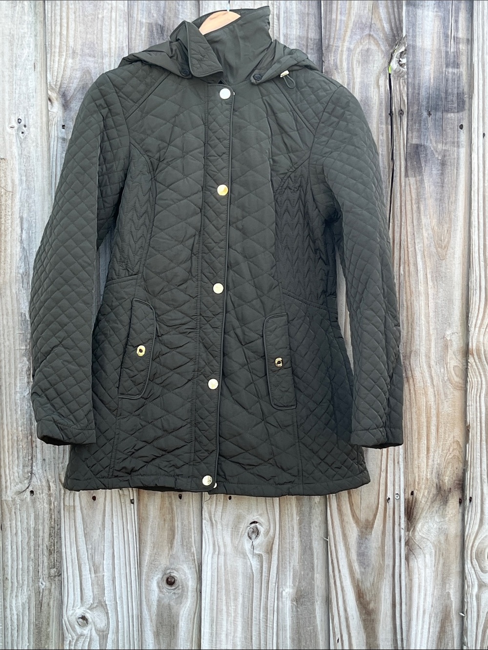 Jones New York Quilted Hooded Puffer Coat - Olive